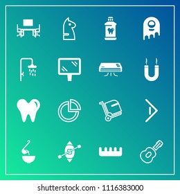 Modern, simple vector icon set on gradient background with ufo, luggage, chessboard, business, strategy, game, chess, dental, travel, meal, presentation, music, graph, bag, musical, healthy, pie icons