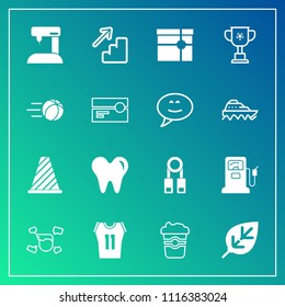 Modern, simple vector icon set on gradient background with leaf, station, upstairs, pump, sew, training, health, dental, down, basketball, gasoline, shirt, tree, person, presentation, male, gift icons