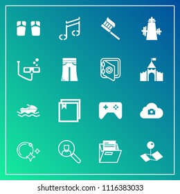Modern, simple vector icon set on gradient background with office, joystick, sky, sound, music, blank, play, object, computer, night, health, star, hygiene, file, note, ship, fashion, account icons