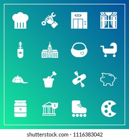 Modern, simple vector icon set on gradient background with helmet, fun, play, skate, construction, health, kayak, fashion, finance, coin, bodybuilding, foreman, skating, summer, lift, investment icons