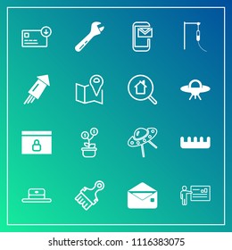 Modern, simple vector icon set on gradient background with message, medicine, hat, sack, email, growth, finance, care, people, technology, mail, envelope, business, brush, spacecraft, ufo, , cap icons