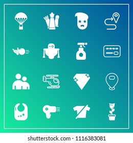 Modern, simple vector icon set on gradient background with clothing, person, rattle, baby, people, road, sky, graphic, navigation, parachute, pot, shirt, parachuting, plant, transport, style icons
