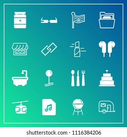 Modern, simple vector icon set on gradient background with nutrition, health, national, paper, music, barbecue, bodybuilding, pin, knife, note, vehicle, transportation, bathroom, fork, folder icons