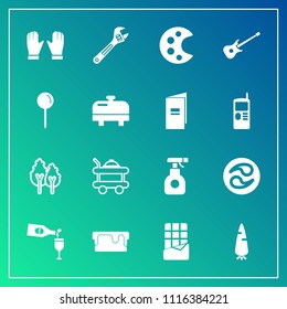 Modern, simple vector icon set on gradient background with palette, cake, drink, pie, spanner, kamon, fresh, service, hotel, glove, forest, glass, red, room, chemical, bed, pesticide, bar, music icons