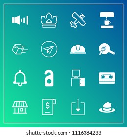 Modern, simple vector icon set on gradient background with hat, business, kitchen, notification, coffee, audio, house, machine, travel, clothing, sound, music, office, sale, crown, work, web icons