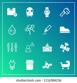 Modern, simple vector icon set on gradient background with baby, monster, summer, house, tool, satellite, online, smart, honey, screwdriver, construction, network, watch, gadget, technology, jar icons