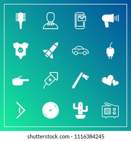 Modern, simple vector icon set on gradient background with beauty, valentine, love, dvd, nature, phone, tool, care, romance, meal, loudspeaker, celebration, background, axe, food, cd, male, pot icons