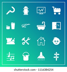 Modern, simple vector icon set on gradient background with sickle, baby, house, cooking, kitchen, fire, medicine, technology, safety, agriculture, real, paint, equipment, estate, sound, wrench icons