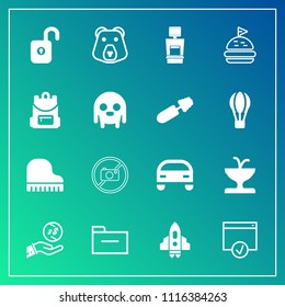 Modern, simple vector icon set on gradient background with machine, water, bread, rocket, storage, file, tomato, animal, folder, architecture, bear, art, musical, business, forbidden, music, ufo icons