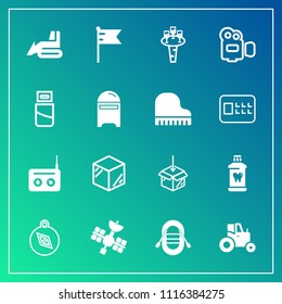 Modern, simple vector icon set on gradient background with package, tractor, east, nation, packaging, sailboat, brush, national, web, health, hygiene, field, music, north, wine, agriculture, box icons