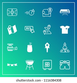 Modern, simple vector icon set on gradient background with space, template, football, wear, meat, cooking, musical, sport, nest, launch, aviation, safety, happy, white, bird, man, security, air icons