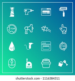 Modern, simple vector icon set on gradient background with child, technology, hand, paint, roll, white, ocean, help, work, computer, medical, device, click, call, drop, water, machine, fun, food icons