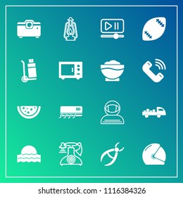 Modern, simple vector icon set on gradient background with watermelon, sunrise, cosmonaut, conditioner, rider, motorbike, phone, video, science, shipping, telephone, truck, light, metal, medical icons