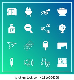 Modern, simple vector icon set on gradient background with bowl, profile, home, elevator, cell, sound, market, empty, care, dish, email, trumpet, mobile, mouth, office, thermometer, hygiene, row icons