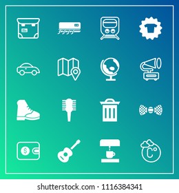 Modern, simple vector icon set on gradient background with recycle, transportation, garbage, kitchen, fashion, tie, air, cash, white, phone, music, temperature, fahrenheit, machine, bow, people icons