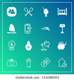 Modern, simple vector icon set on gradient background with camera, paddle, play, people, white, tower, property, water, oar, real, achievement, beauty, ice, canoe, kettle, dessert, table, first icons