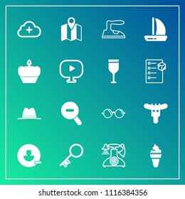 Modern, simple vector icon set on gradient background with old, sweet, clothes, phone, dinner, location, internet, telephone, avatar, dessert, housework, vintage, food, sausage, boat, call, user icons