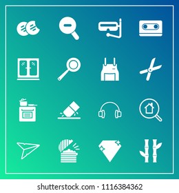Modern, simple vector icon set on gradient background with email, stereo, rubber, restaurant, cassette, snorkel, jewel, water, asia, cooking, oven, snack, summer, retro, chef, education, asian icons