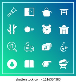 Modern, simple vector icon set on gradient background with telescope, cook, antenna, bbq, sport, profile, astronomy, space, barbecue, textbook, whistle, tv, literature, cooking, library, referee icons
