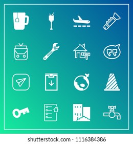 Modern, simple vector icon set on gradient background with drink, wine, road, world, communication, bugle, alcohol, cup, leather, house, fashion, contract, plane, traffic, sign, building, bucket icons