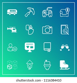 Modern, simple vector icon set on gradient background with drink, equipment, profile, home, ecommerce, birdhouse, speed, bird, red, internet, book, cardboard, education, library, toilet, skating icons