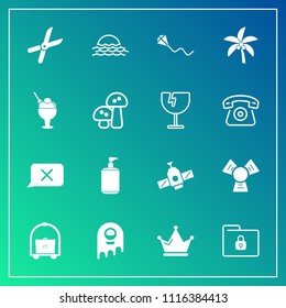 Modern, simple vector icon set on gradient background with alien, summer, cooler, sunrise, work, closed, travel, ufo, king, chat, queen, kite, gardening, landscape, fun, liquid, security, file icons