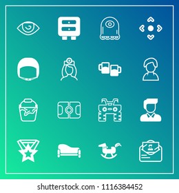 Modern, simple vector icon set on gradient background with character, wheel, button, container, dirt, medal, home, post, arrow, toy, atv, handle, alien, couch, envelope, duck, football, eye, man icons