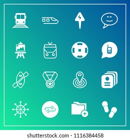 Modern, simple vector icon set on gradient background with business, energy, ship, replacement, file, paddle, transportation, substitute, center, document, prize, transport, message, radius, oar icons