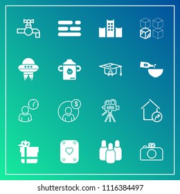 Modern, simple vector icon set on gradient background with increase, relocation, tap, movie, financial, replacement, property, home, hotel, bathroom, work, house, water, clock, retro, vacation icons
