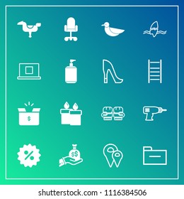 Modern, simple vector icon set on gradient background with drill, document, happy, cardboard, fire, bird, play, competition, sport, road, chair, map, percent, container, finance, boxing, folder icons