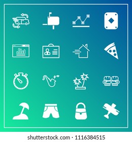 Modern, simple vector icon set on gradient background with fight, tropical, wear, time, fast, mail, clock, transportation, graph, post, watch, aircraft, stats, shorts, delivery, mailbox, data icons