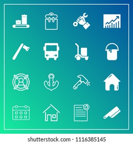 Modern, simple vector icon set on gradient background with fork, nautical, bag, customer, people, tool, sea, kitchen, calendar, target, helmet, contract, axe, phone, luggage, equipment, pretty icons