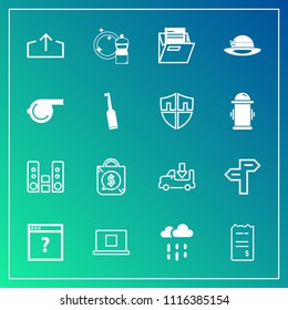 Modern, simple vector icon set on gradient background with download, internet, rain, play, page, arrow, wet, broom, music, business, folder, truck, cleaner, equipment, unknown, direction, price icons
