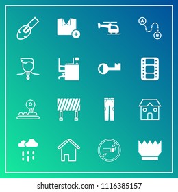 Modern, simple vector icon set on gradient background with business, crown, weather, tobacco, estate, architecture, destination, white, web, no, arrow, clothing, pants, house, technology, luxury icons