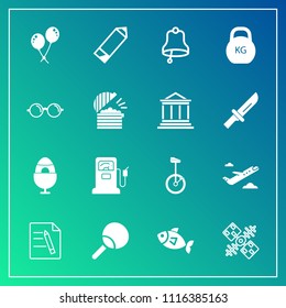 Modern, simple vector icon set on gradient background with white, table, technology, paper, celebration, flight, pen, alarm, travel, holiday, business, birthday, kilogram, fuel, office, airplane icons