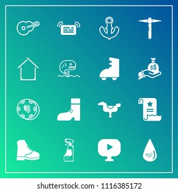 Modern, simple vector icon set on gradient background with housework, architecture, spray, house, bottle, video, water, drop, horse, boat, gambling, home, luck, game, footwear, casino, musical icons
