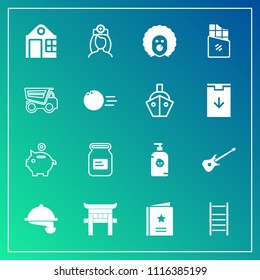 Modern, simple vector icon set on gradient background with doctor, child, fun, sign, container, service, aluminum, money, business, bank, coin, investment, can, medical, metal, happy, kid, music icons