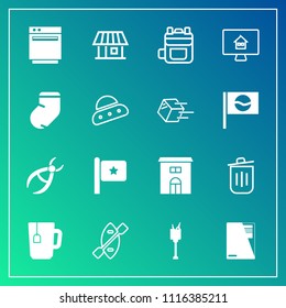 Modern, simple vector icon set on gradient background with can, clinic, home, trash, alcohol, estate, kitchen, oven, rucksack, leather, modern, tea, garbage, bin, canoe, backpack, oar, bucket icons