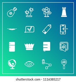 Modern, simple vector icon set on gradient background with map, doorknob, world, human, find, musical, safe, white, crown, notebook, queen, game, bank, banking, planet, royal, guitar, king, eye icons