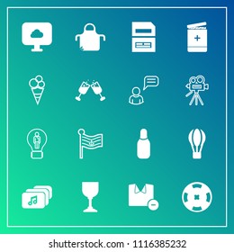 Modern, simple vector icon set on gradient background with parachute, cream, apron, kitchen, casino, chef, transport, food, bowling, medicine, cone, sweet, balloon, nation, concept, alcohol, hot icons