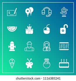 Modern, simple vector icon set on gradient background with laboratory, equipment, tool, sweet, construction, decoration, person, insect, job, nature, cake, celebration, pen, people, headset, pay icons