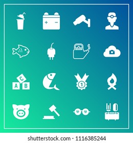 Modern, simple vector icon set on gradient background with alphabet, animal, battery, winner, abc, medicine, full, award, hippie, sunglasses, dental, dentistry, restaurant, pork, education, sign icons