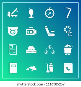 Modern, simple vector icon set on gradient background with pot, bar, id, sunset, drink, north, card, meal, sunrise, sun, book, cocktail, structure, tow, vehicle, paper, page, seafood, sea, map icons