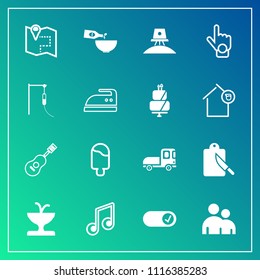 Modern, simple vector icon set on gradient background with finger, ice, transport, note, hand, art, index, wine, dessert, musical, person, music, human, map, sound, exploration, dinner, fountain icons