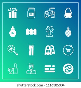 Modern, simple vector icon set on gradient background with can, button, find, layout, technology, wine, account, cart, alcohol, profile, glass, arrow, template, clothing, sea, web, metal, water icons