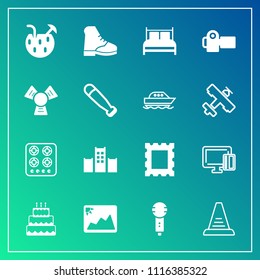 Modern, simple vector icon set on gradient background with karaoke, up, food, technology, cake, ladder, juice, bedroom, voice, pie, shopping, summer, card, microphone, cocktail, border, sweet icons