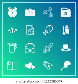 Modern, simple vector icon set on gradient background with sound, nuclear, cocktail, heart, camera, photographer, weapon, war, chicken, display, screen, background, summer, audio, glass, shuttle icons