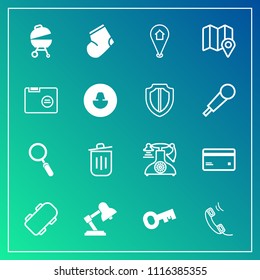 Modern, simple vector icon set on gradient background with vintage, winter, travel, trash, glass, call, garbage, barbecue, skateboard, recycling, folder, meat, banking, table, clothes, grill icons