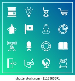 Modern, simple vector icon set on gradient background with technology, animal, room, education, comfortable, concept, ring, exit, music, textbook, chair, interior, escape, business, sport, owl icons