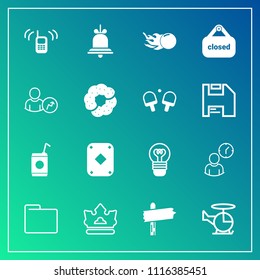 Modern, simple vector icon set on gradient background with paper, space, glass, clock, arrow, poker, drink, crown, aircraft, queen, alert, electric, phone, bell, telephone, file, cold, direction icons